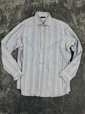 Thomas Dean Performance Mens 2XL Striped Button-Up Shirt Cotton Blend